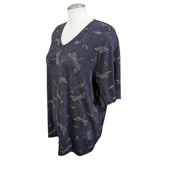 Womens Vintage Top Plus 2X Black Gold Sparkle Dragonfly Stretch Fairy Grunge - Picture 3 of 7